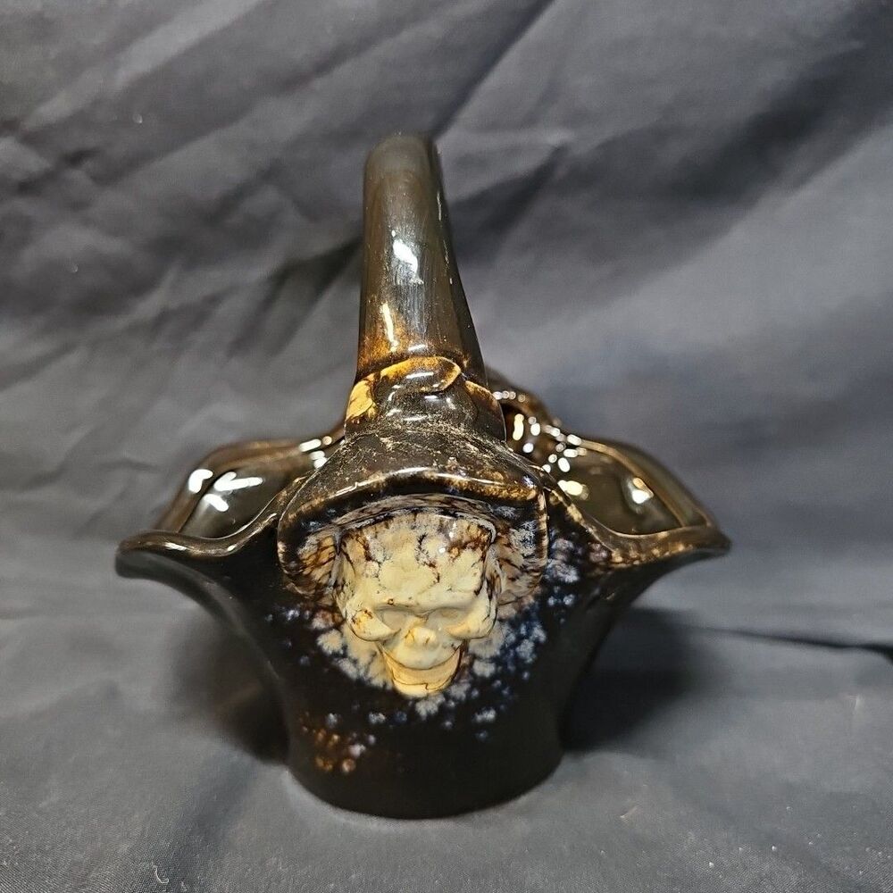 Glazed Ceramic Basket with 3D Skull Design